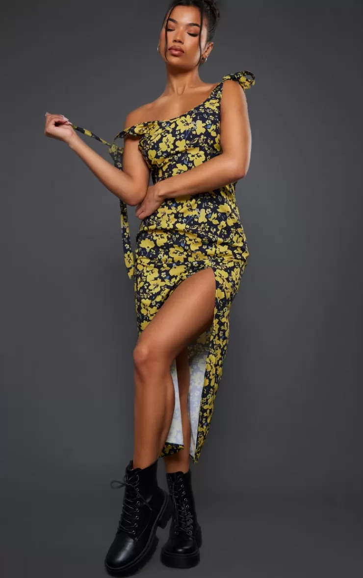 PrettyLittleThing Floral Print Tie Sleeve Split Midaxi Dress< Midi Dresses