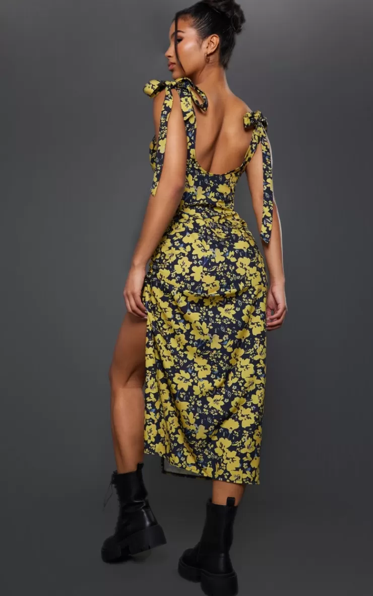 PrettyLittleThing Floral Print Tie Sleeve Split Midaxi Dress< Midi Dresses